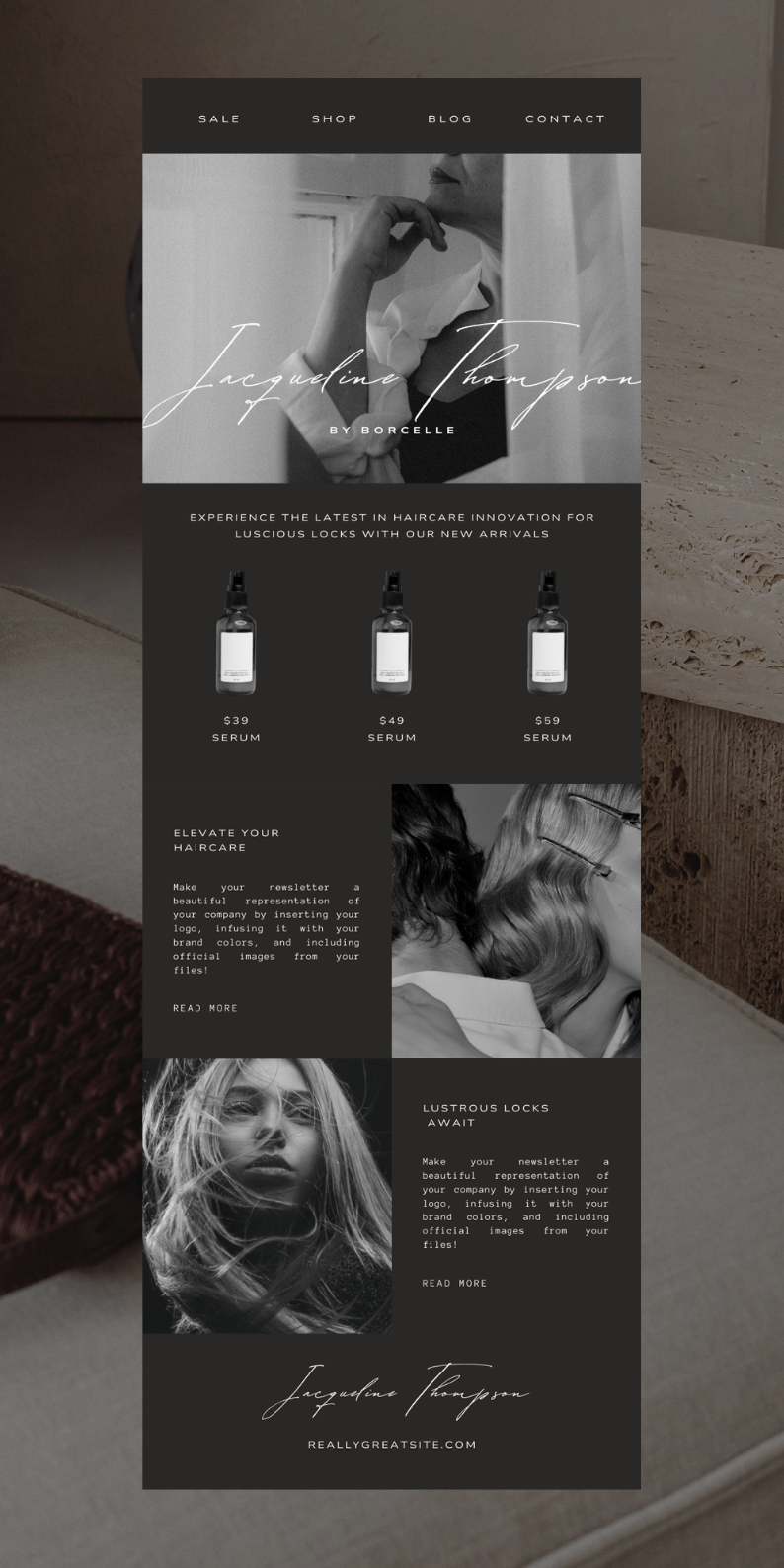 Email newsletter canva template design for perfume beauty skincare fashion brand