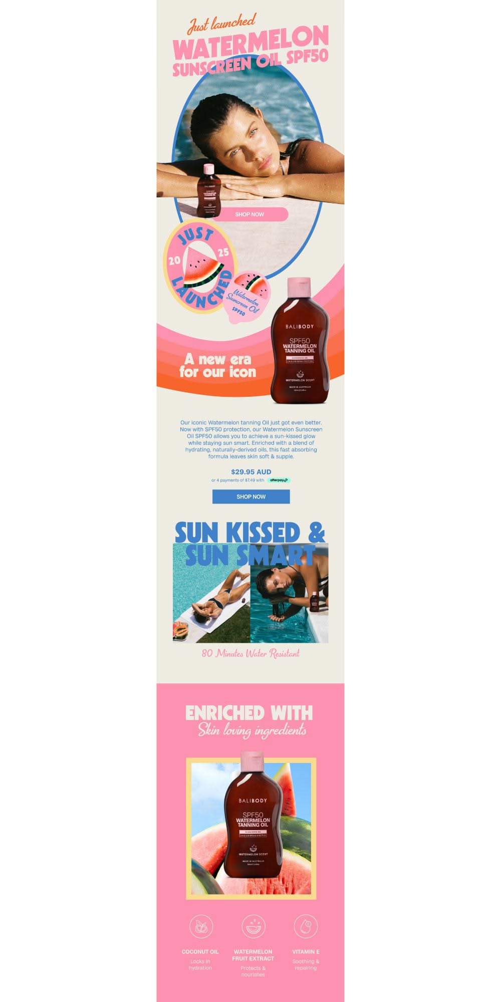 Email Newsletter Design for the launch of Bali Body’s Watermelon SPF50 Sunscreen Oil