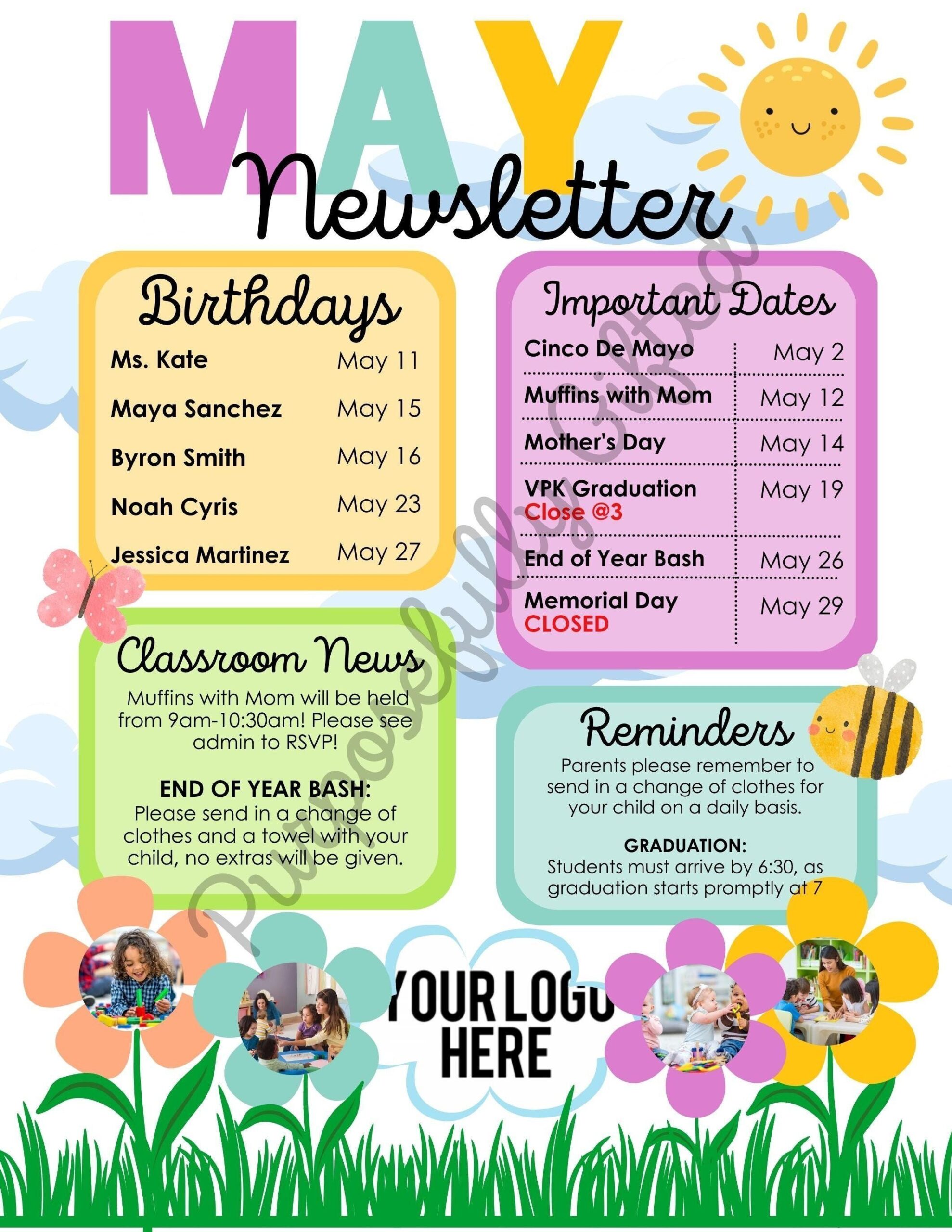 May Daycare Newsletter Canva Template for Teachers and Parents