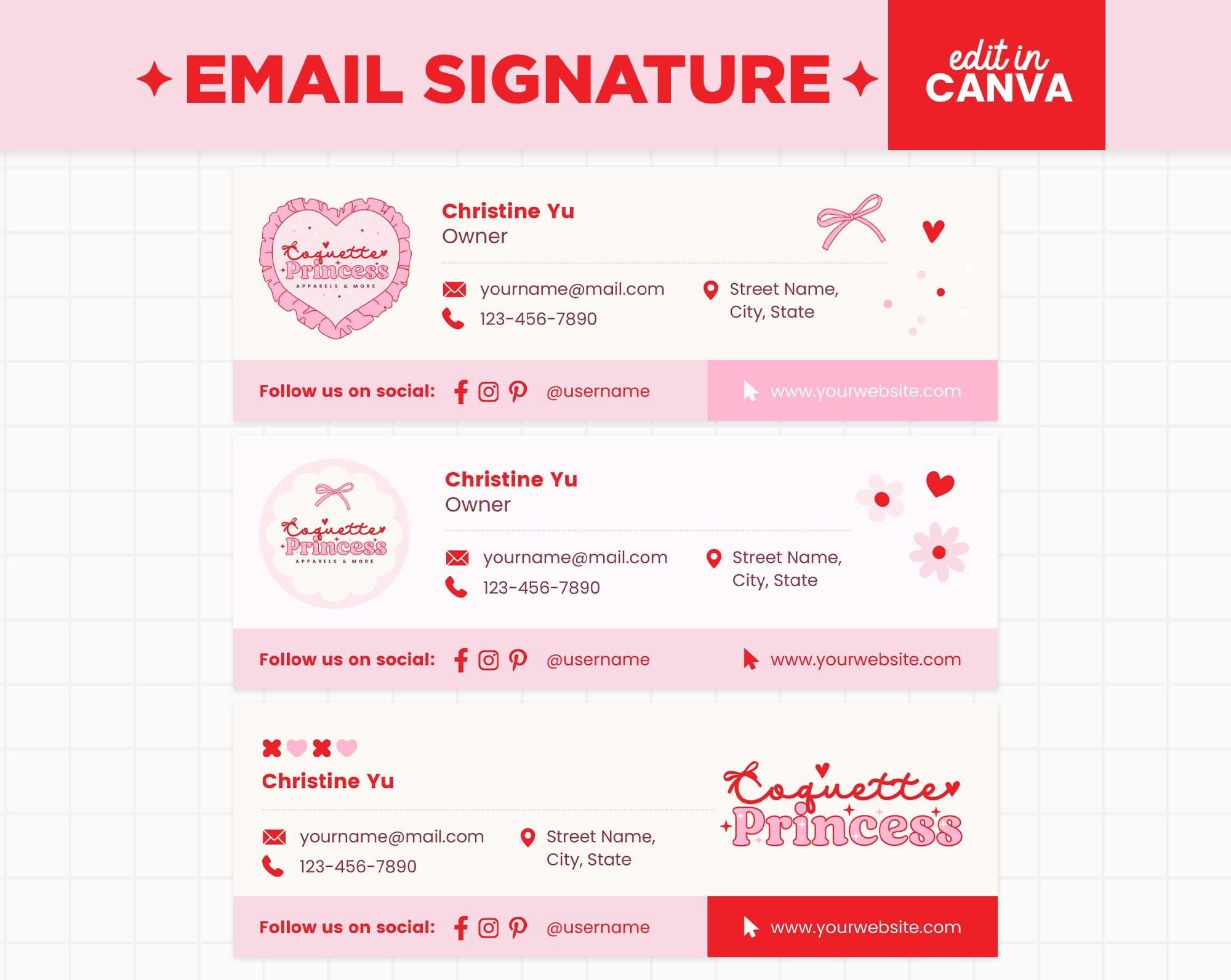Editable Coquette Aesthetic Email Signature Templates in Canva – Red & Pink Bows