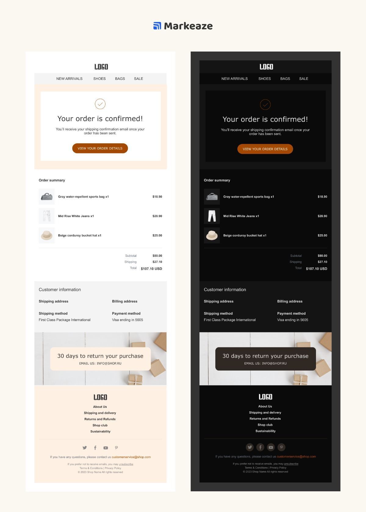 Order Confirmation Fashion Email Template | Light & Dark Mode Email