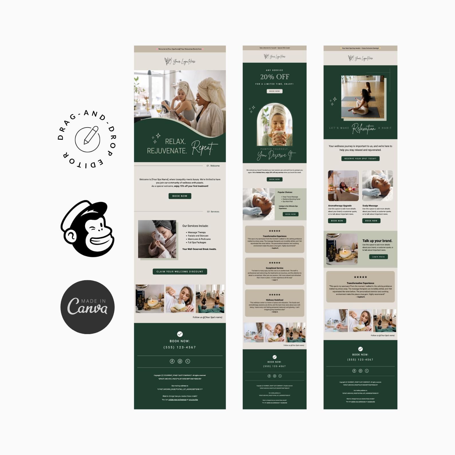 Elegant Spa & Wellness Email Templates for Canva & Mailchimp | Drag-and-Drop Design