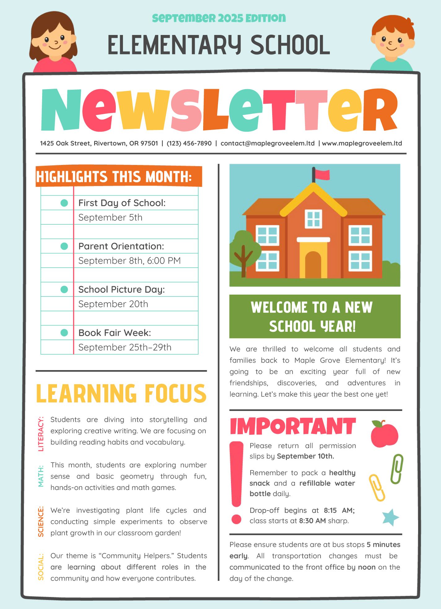 Elementary School Newsletter Free Google Docs Template