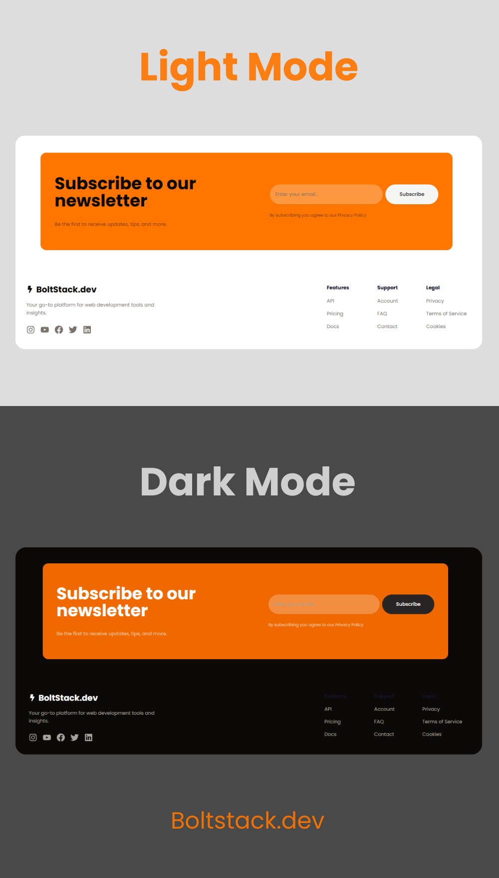 Footer and newsletter UI Desing for landing Page | Boltstack.dev