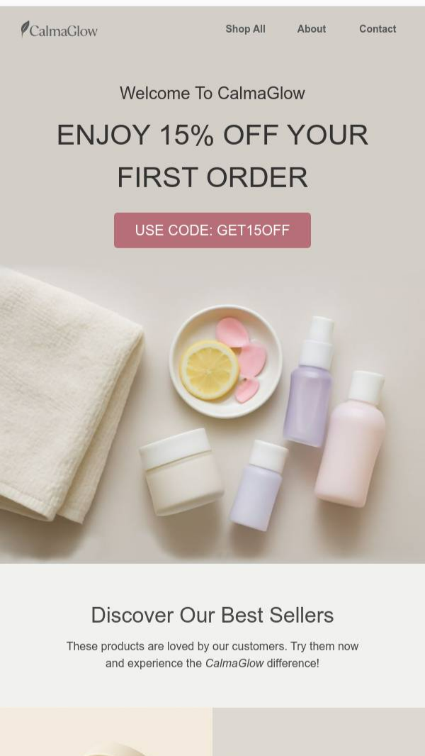 Shopify Email Template for Welcome Offer | Soft Aesthetic Design | Retentionly.io