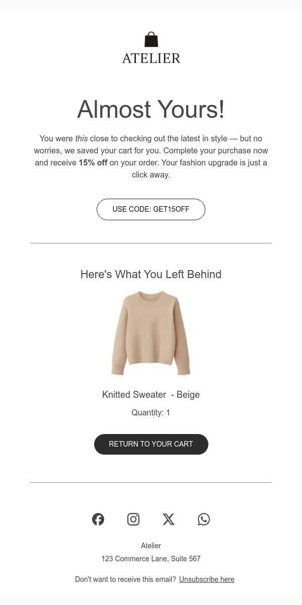 Abandoned Cart Email Template | Minimalist Reminder | Retentionly.io