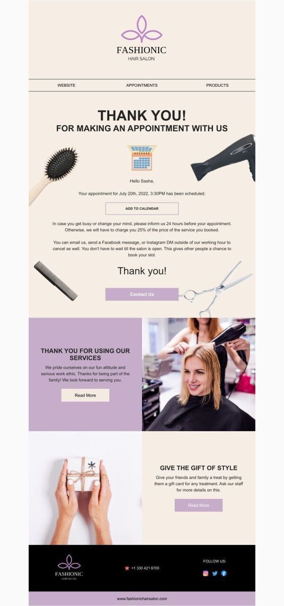 Thank You Email Template ‘Hair Salon Appointment’ for Spa
