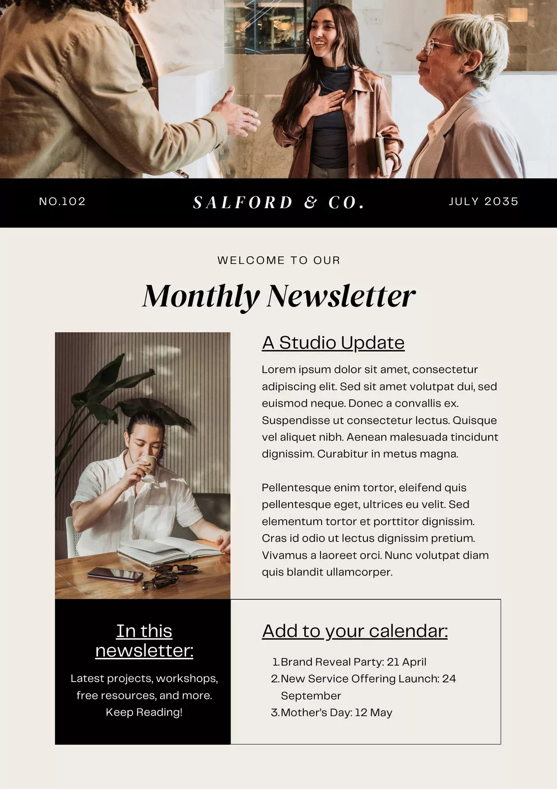 Black And Beige Aesthetic Professional Marketing Company Newsletter A4 – Templates by Canva