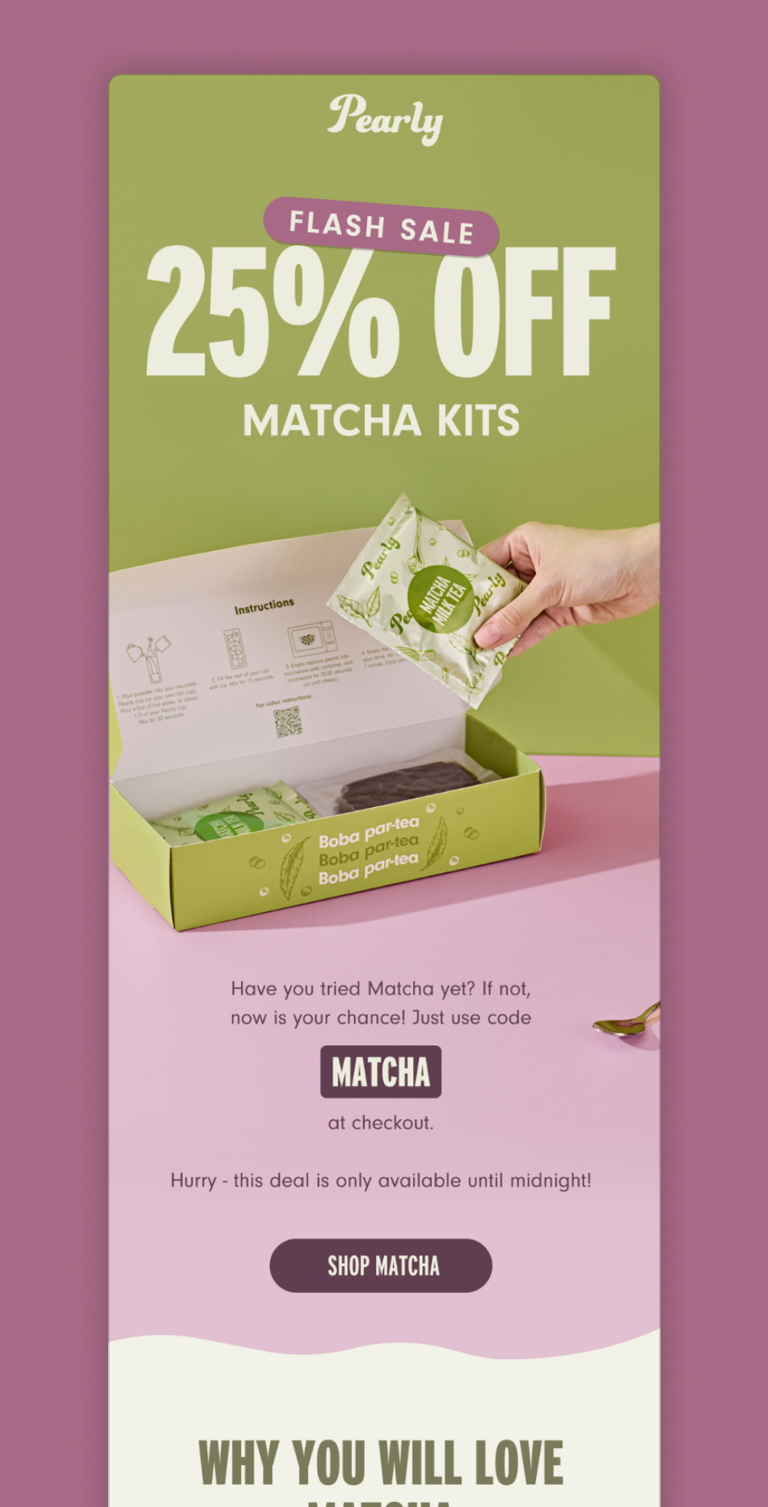 Pearly’s matcha flash sale email is bold, bright, and built to convert