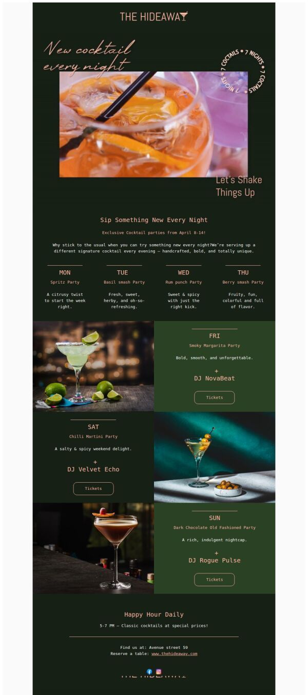 Elegant Cocktail Night Event Schedule Email Template for Food Events