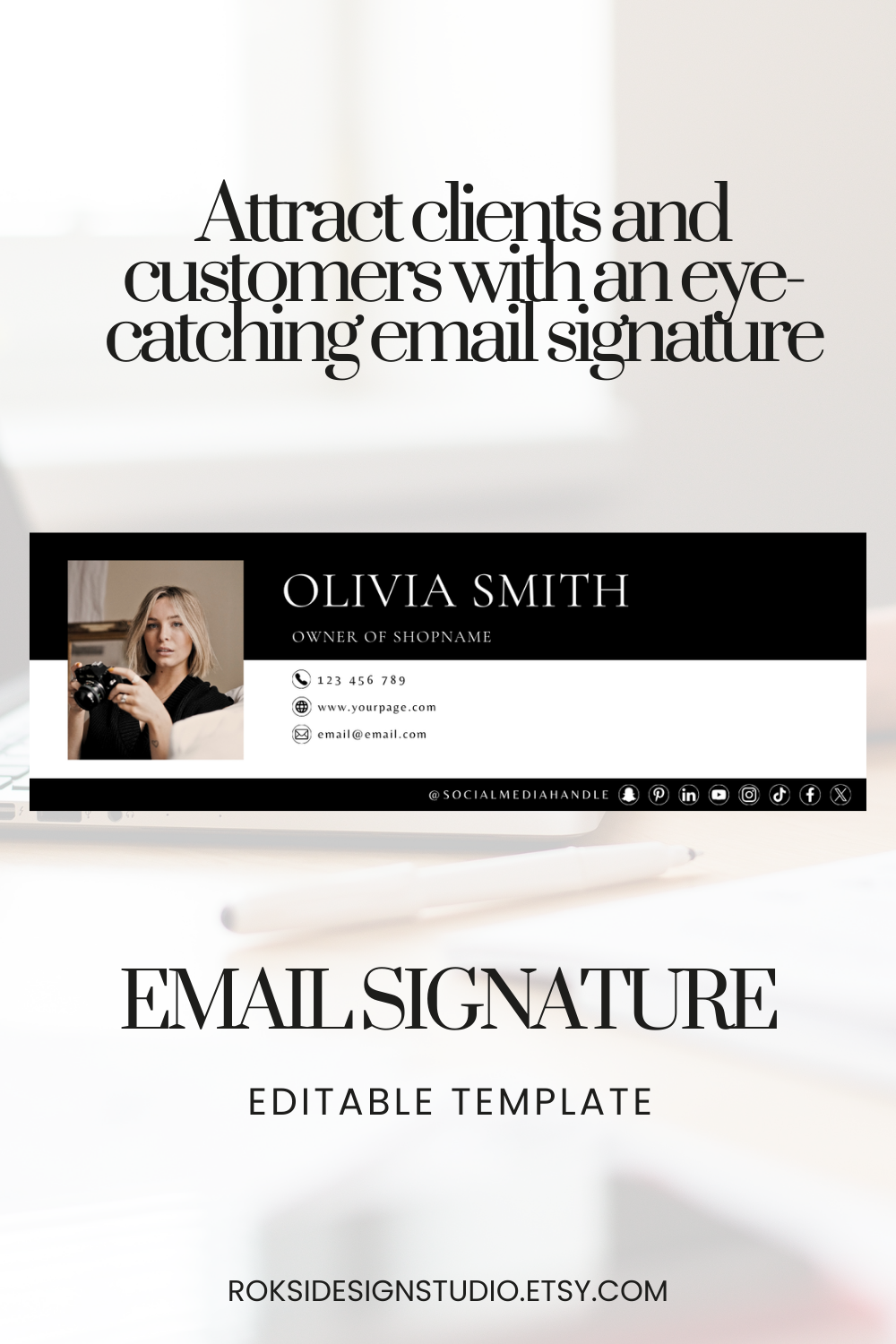 luxury email signature design in black and white canva template for entrepreneur branding