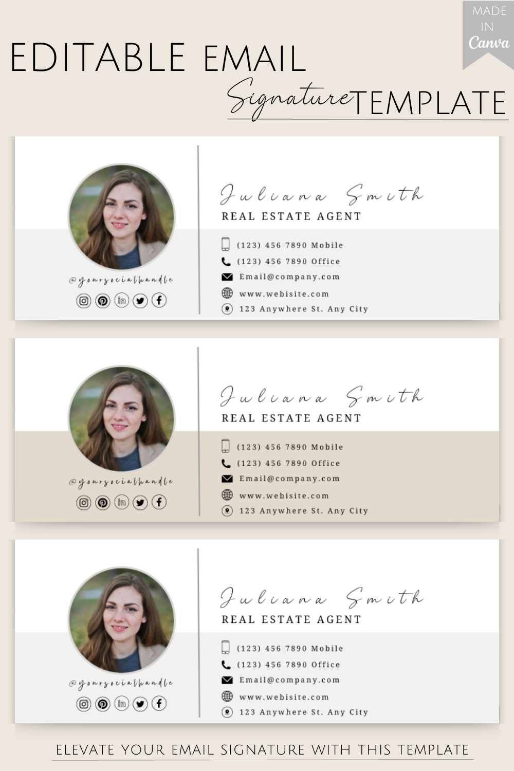 Customizable Real Estate Email Signature Canva Template with Color Options