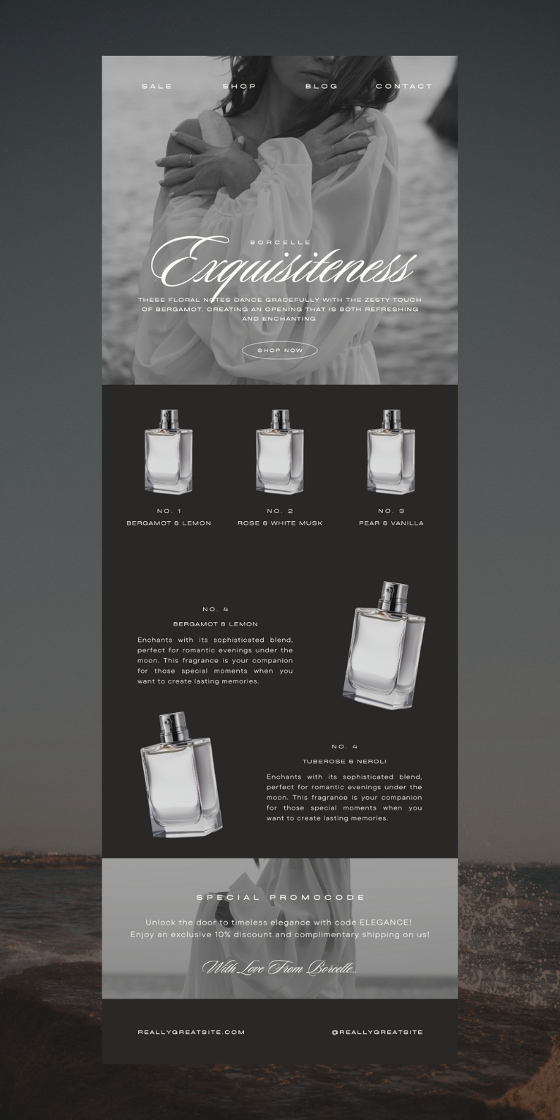 Email newsletter canva template design for perfume beauty skincare fashion