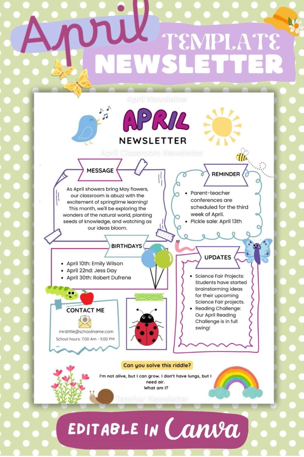 Spring Classroom Newsletter, April Newsletter Template, Editable Classroom Templates