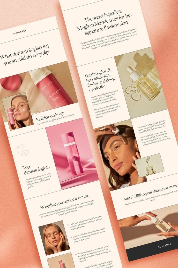 radiant stunning captivating elegant chic beautiful skincare brand website design