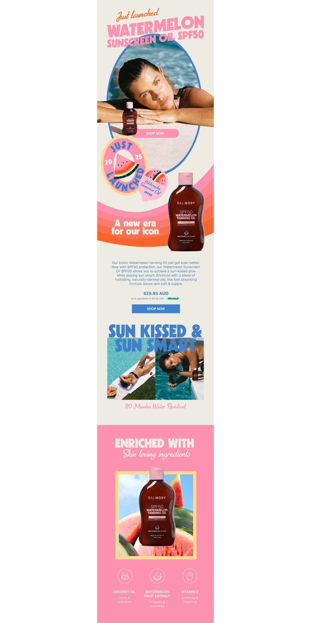 Email Newsletter Design for the launch of Bali Body’s Watermelon SPF50 Sunscreen Oil