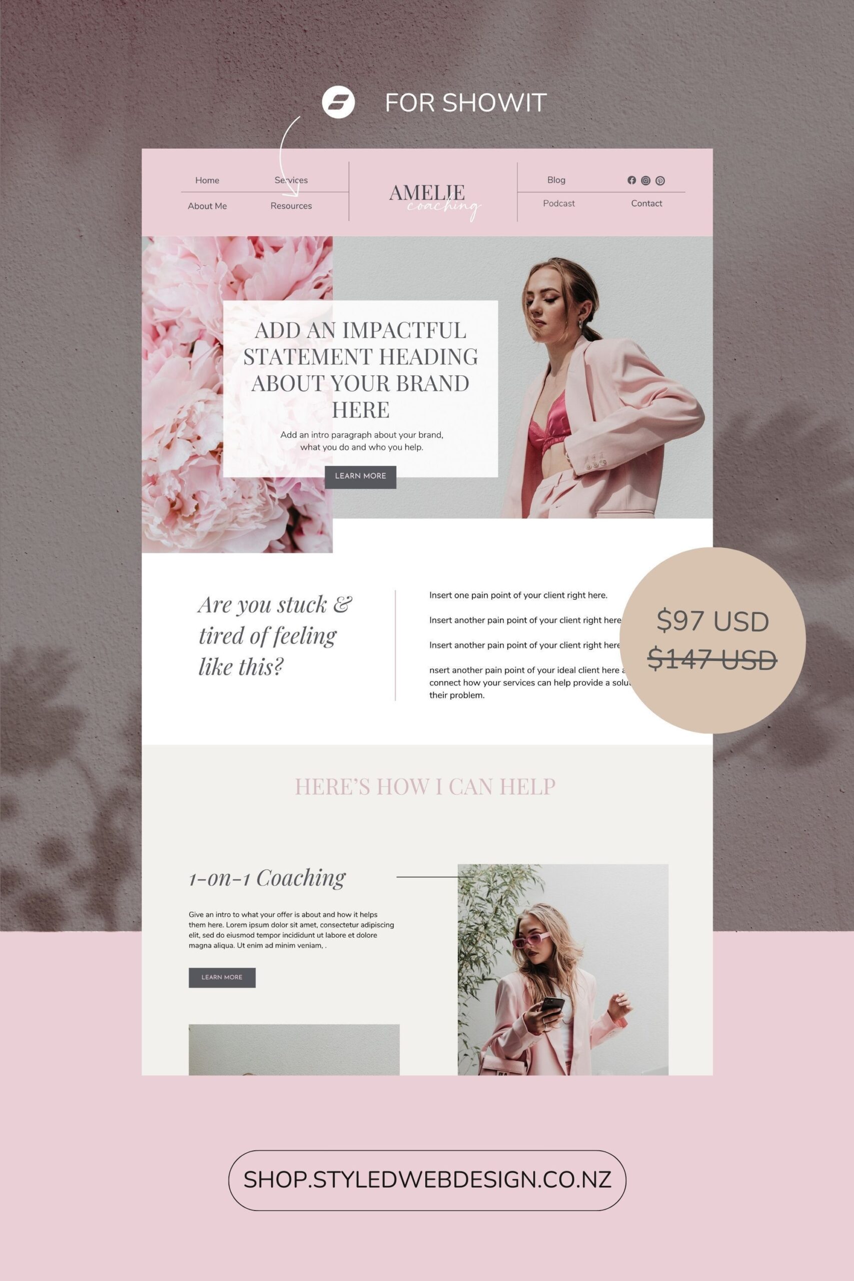 Amelie: One-Page Pink Showit Website Template for Female Entrepreneurs , Coaches & Service Providers