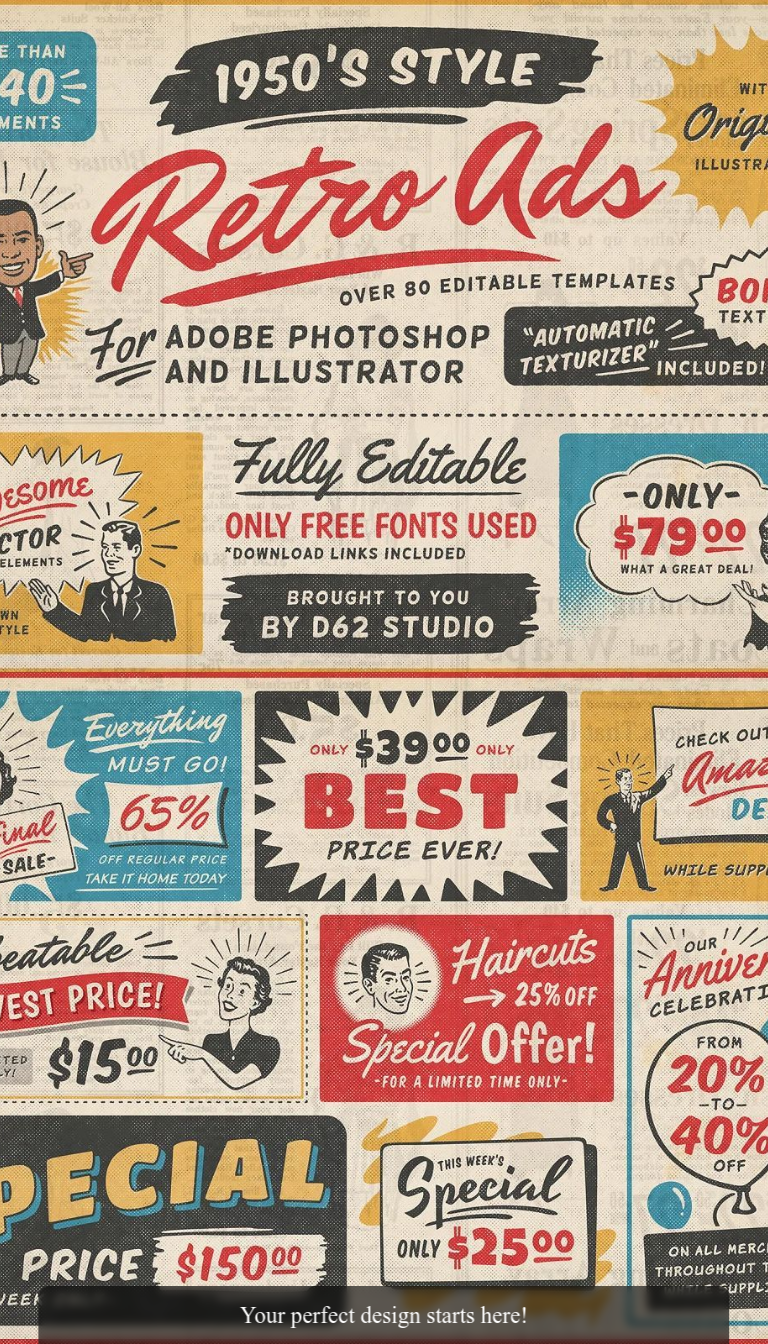 1950s Retro Style Ad Templates Vintage Poster Design and Illustration⚡