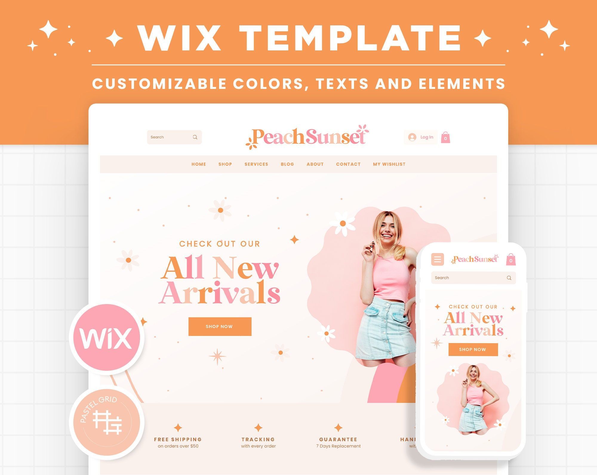 Wix Template in Peach Pink Orange – Bright Colorful Peach Beige Wix Website