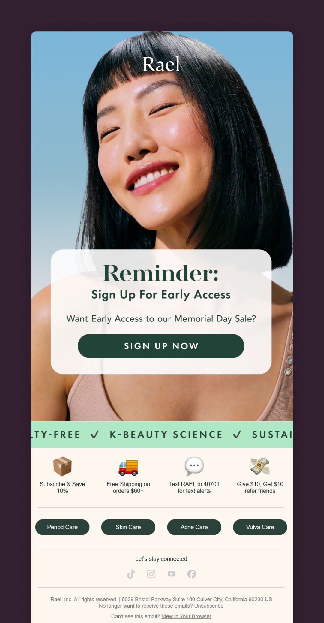 Early access reminder email example from Rael