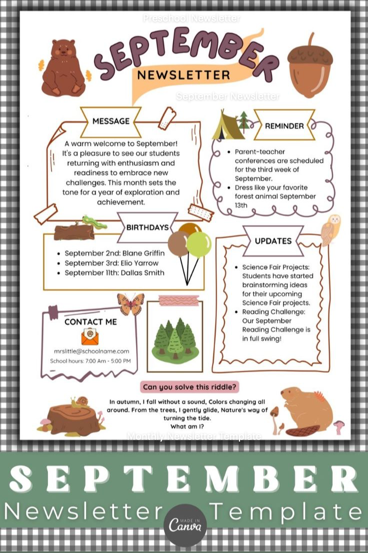 Preschool Newsletter, September Newsletter, Kindergarten Monthly Newsletter, Newsletter Template