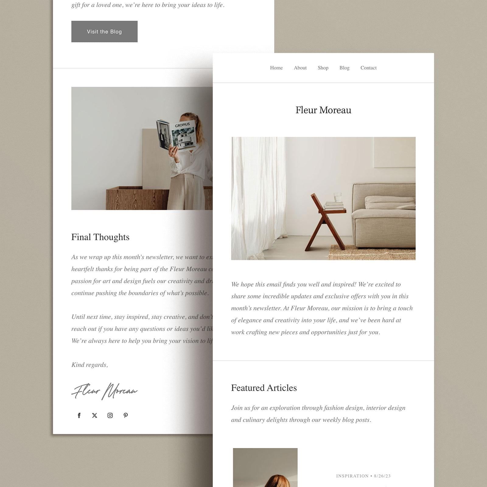 Fleur Moreau Newsletter Email Template, Fully Customizable, Flodesk, Portfolio, Elegant Design, Drag-and-Drop Editor, Mobile-Friendly