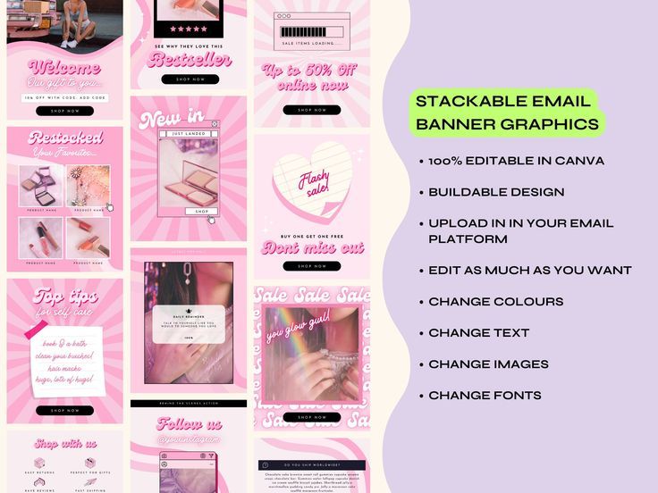 Pink Retro Email Banner Templates for Canva | 15 Editable Designs