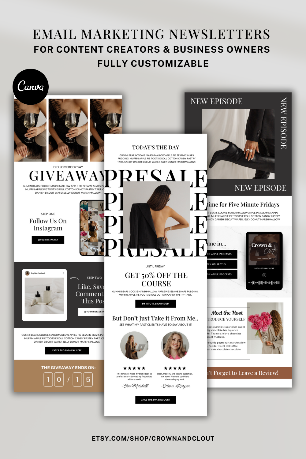 Canva Email Templates for Creators | Giveaway, Presale & Podcast Email Layouts