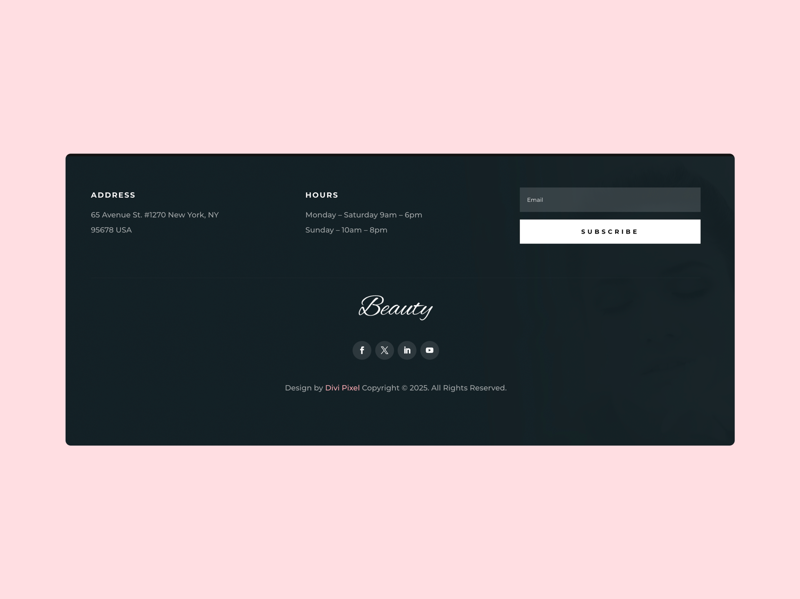 Beauty Website Footer Design with Address & Newsletter
