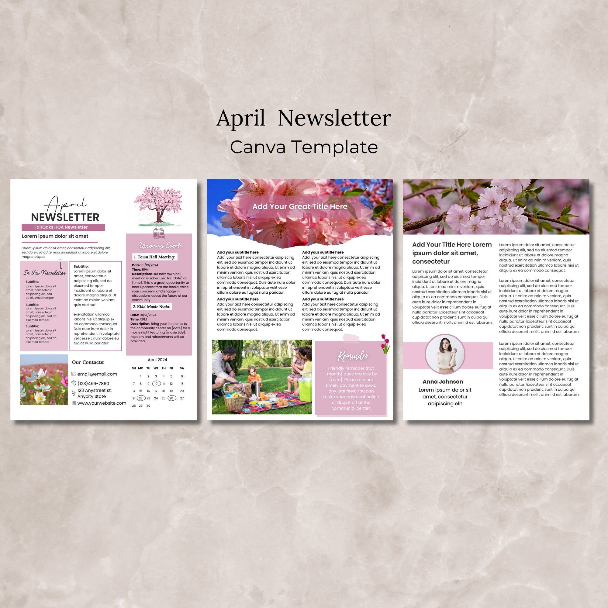 April HOA Newsletter Canva Template, Editable Spring Newsletter Pages Bundle