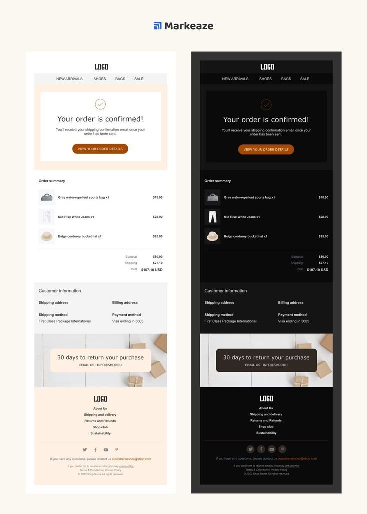 Order Confirmation Fashion Email Template in Light & Dark Mode