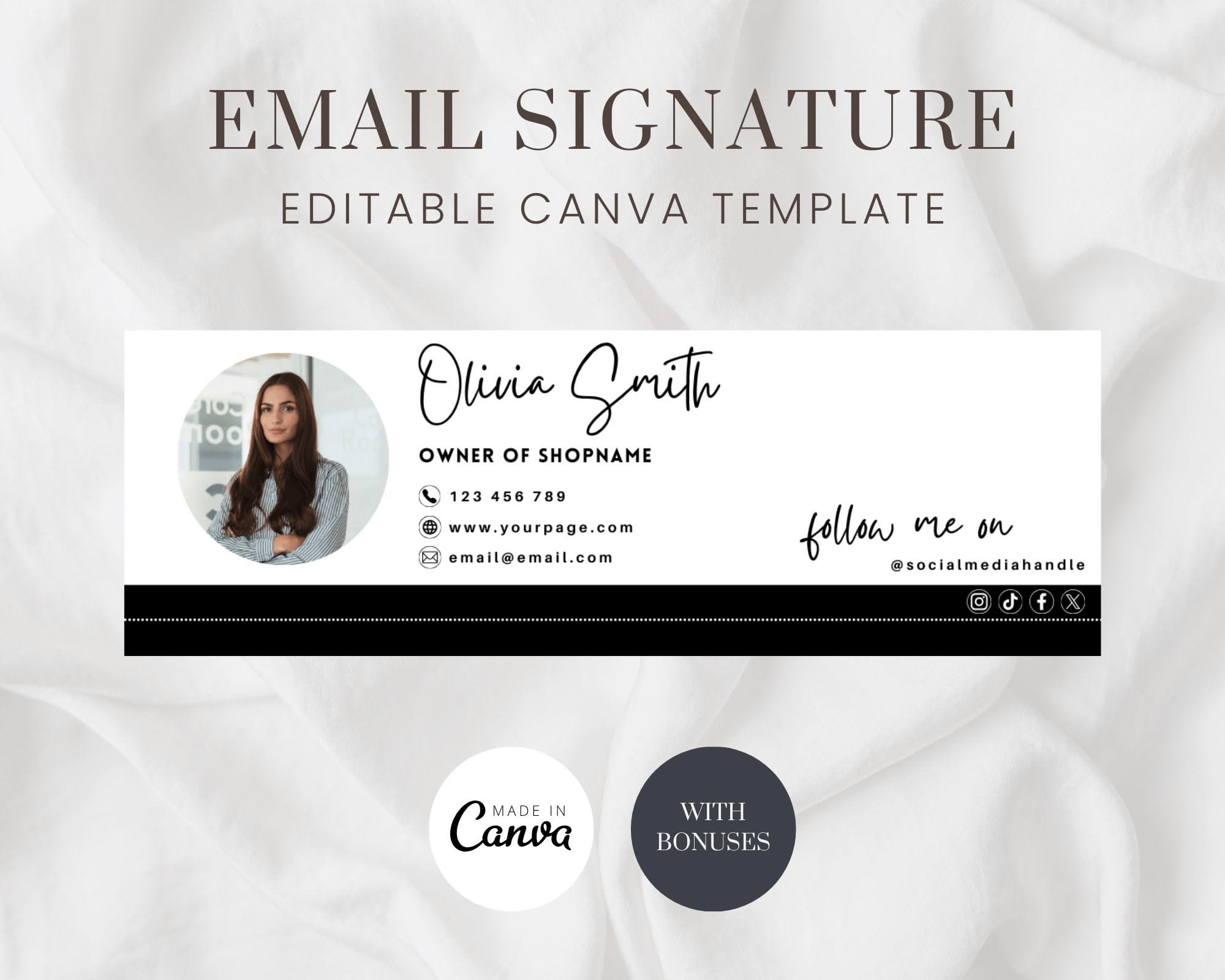 Professional Black & White Email Signature Canva Template with Social Icons