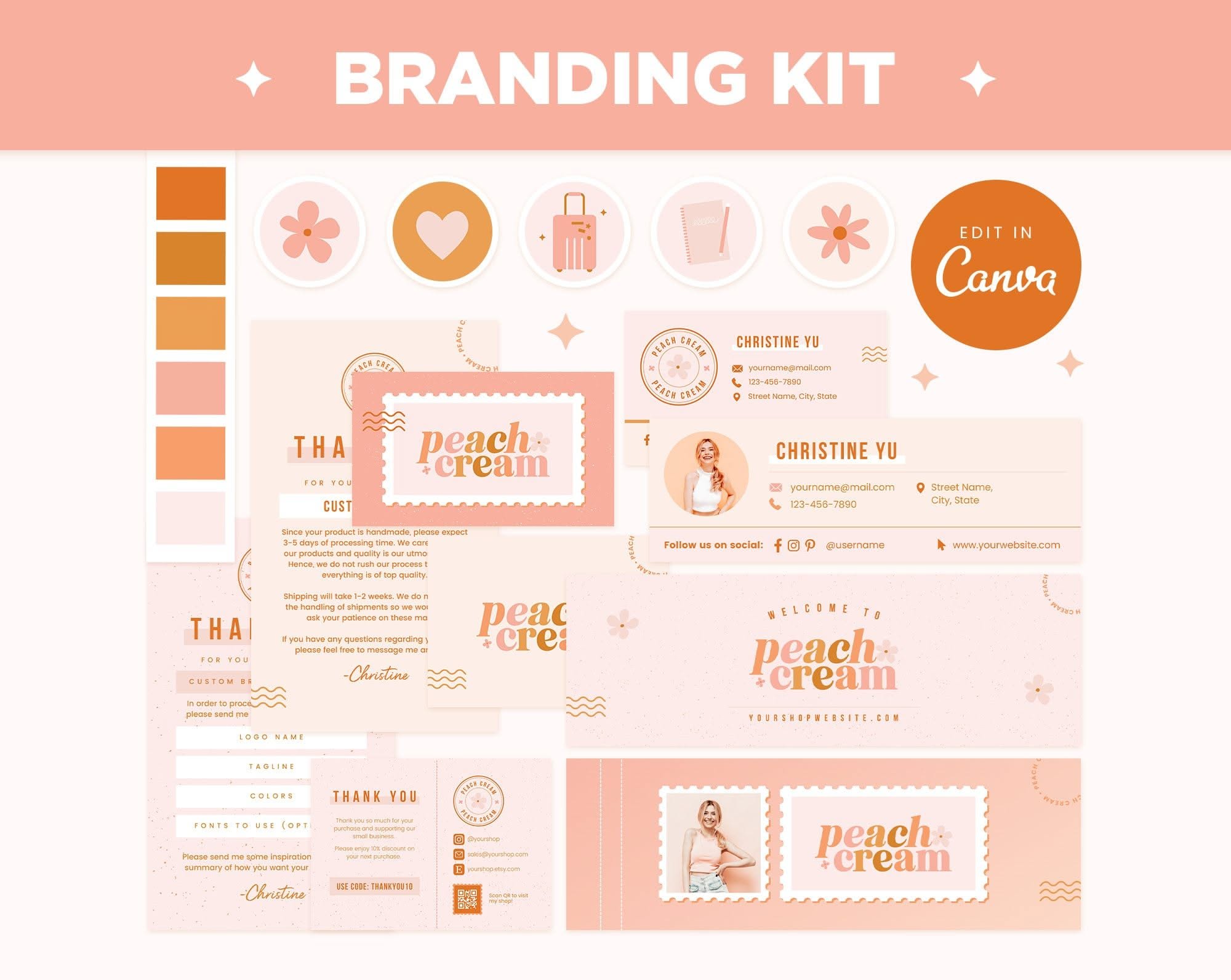 Branding Kit Peach Pink Canva Templates Editable Business Cards, Thank You