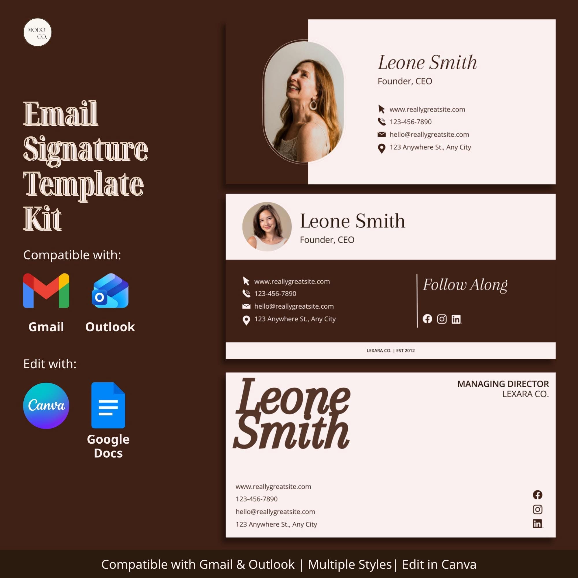 Professional Email Signature Template | Gmail & Outlook Compatible | Canva, Google Docs Template | 7 ready designs |