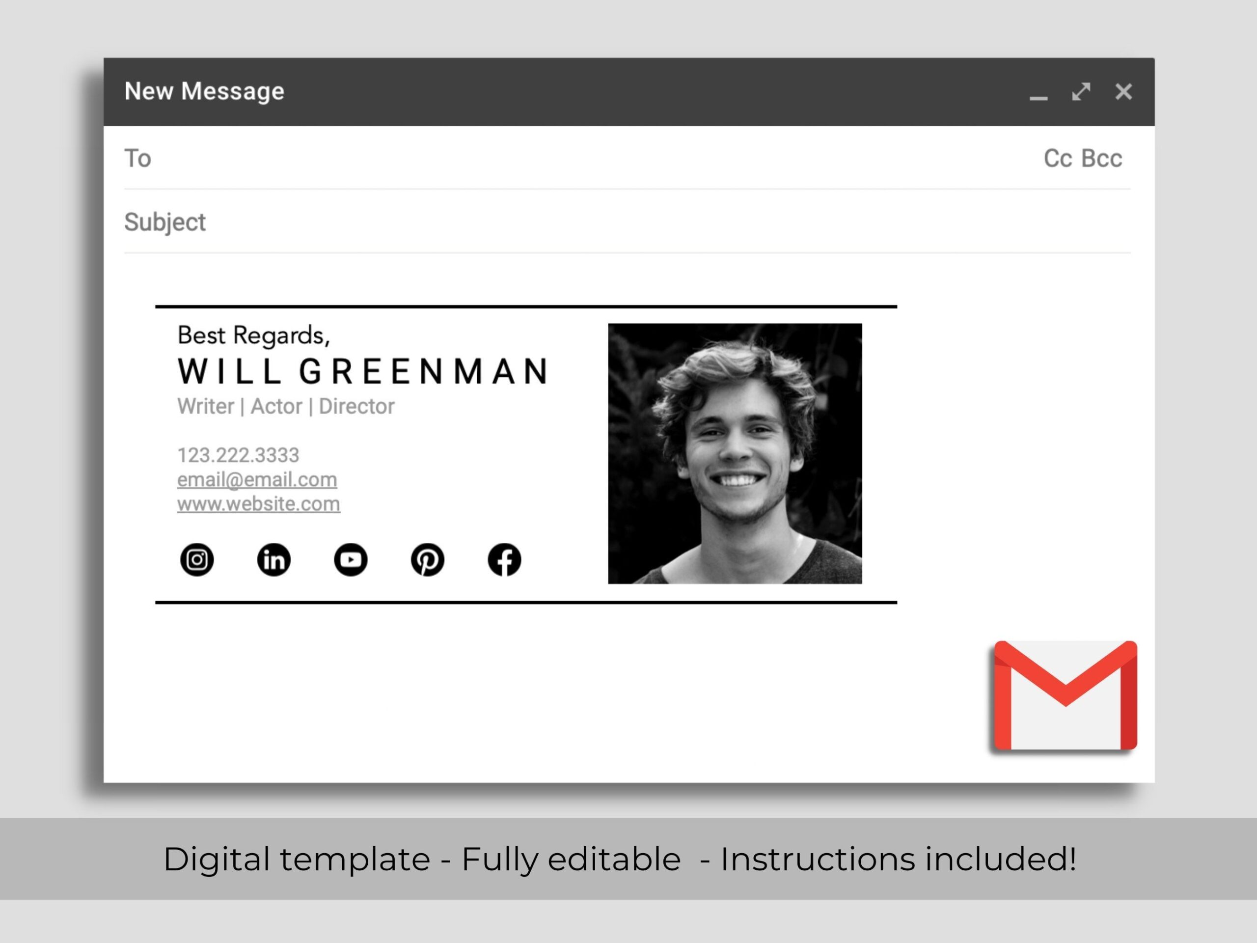 Professional Modern Gmail Email Signature Template with Clickable Icons and Instructions