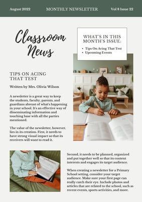 Green Modern Monthly School Newsletter Templates for Classroom Updates