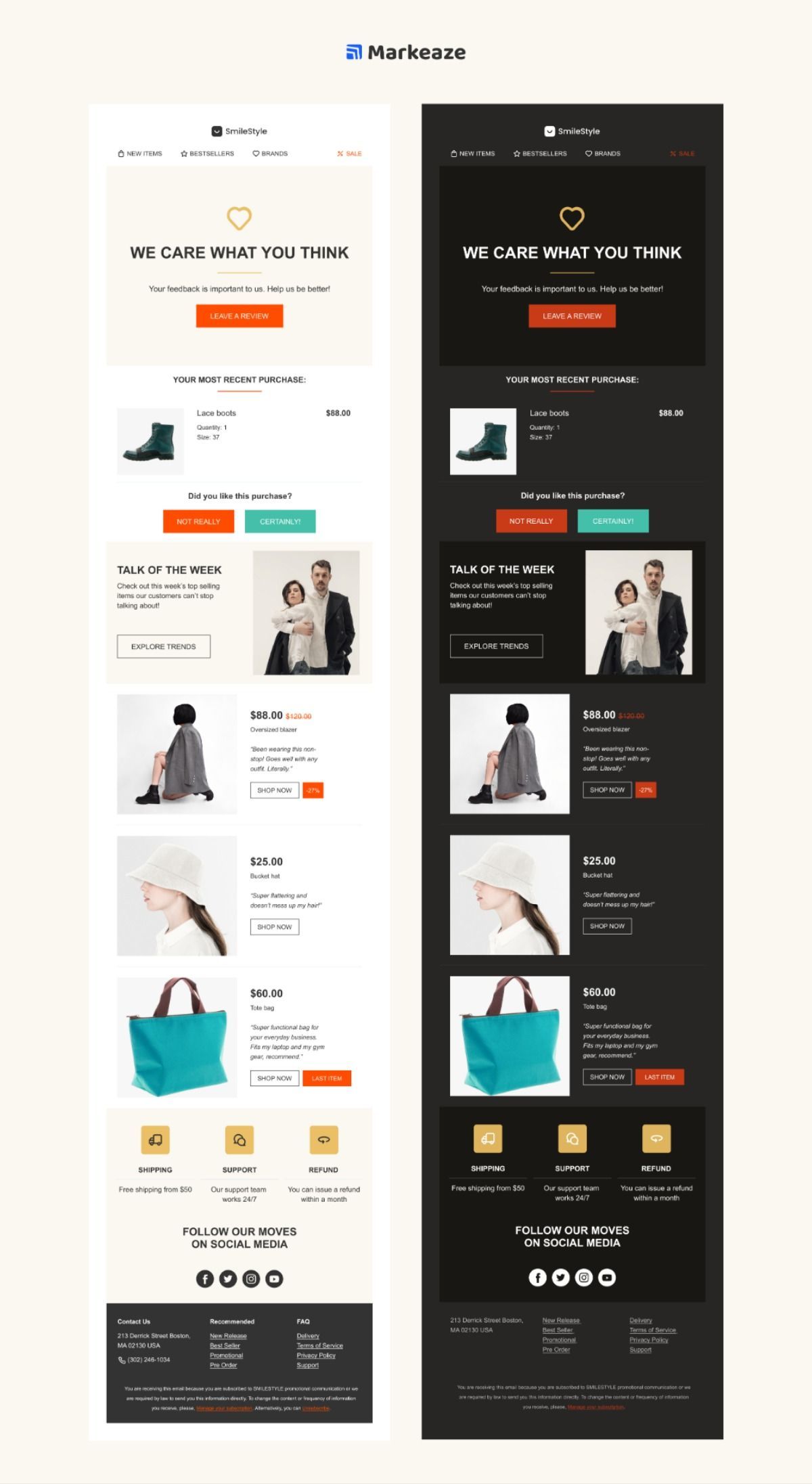 Stylish Fashion Review Email Templates in Light & Dark Mode