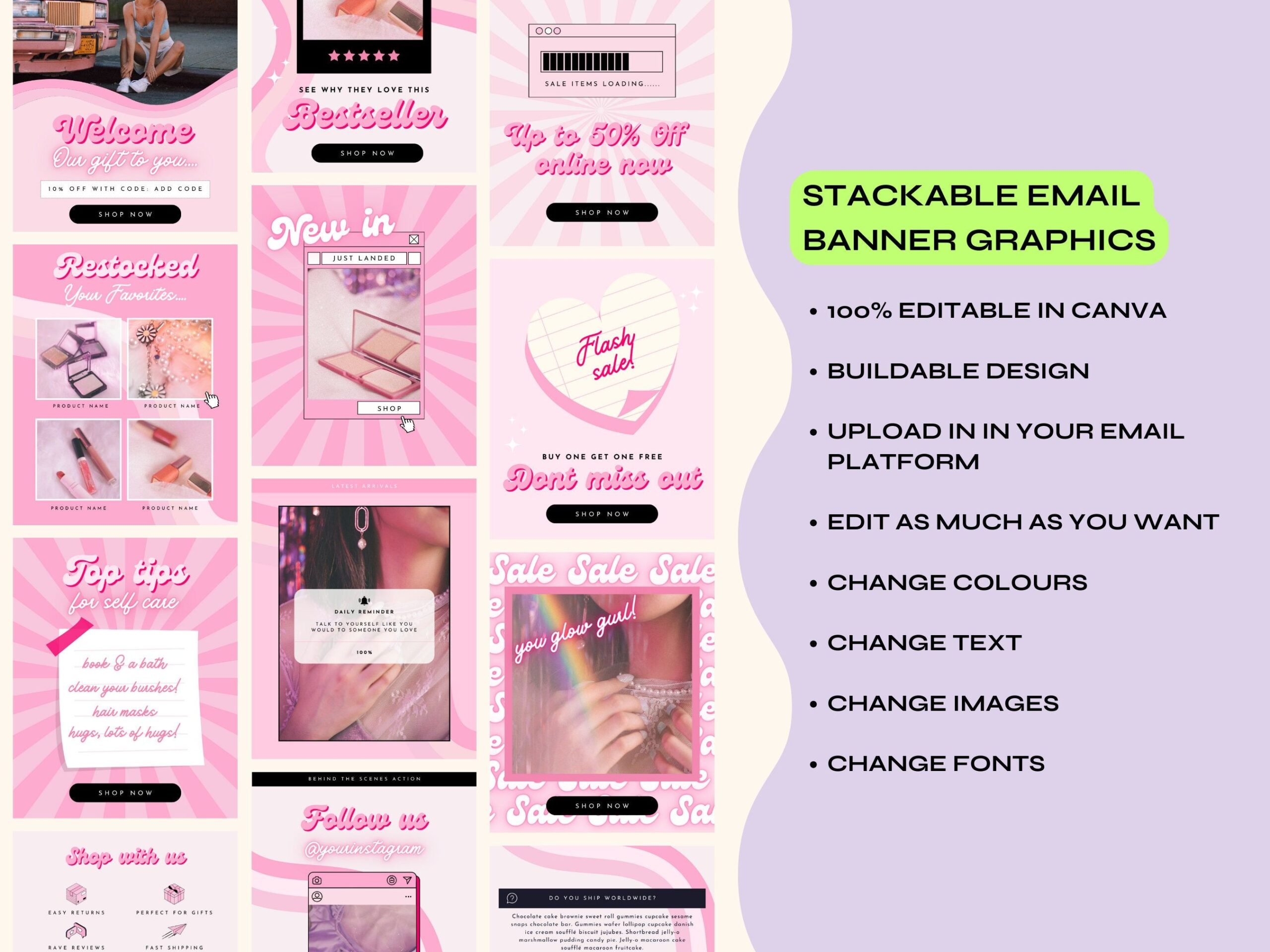 Pink Retro Email Banners: 15 Canva Templates (800x1000px) (Digital Download)