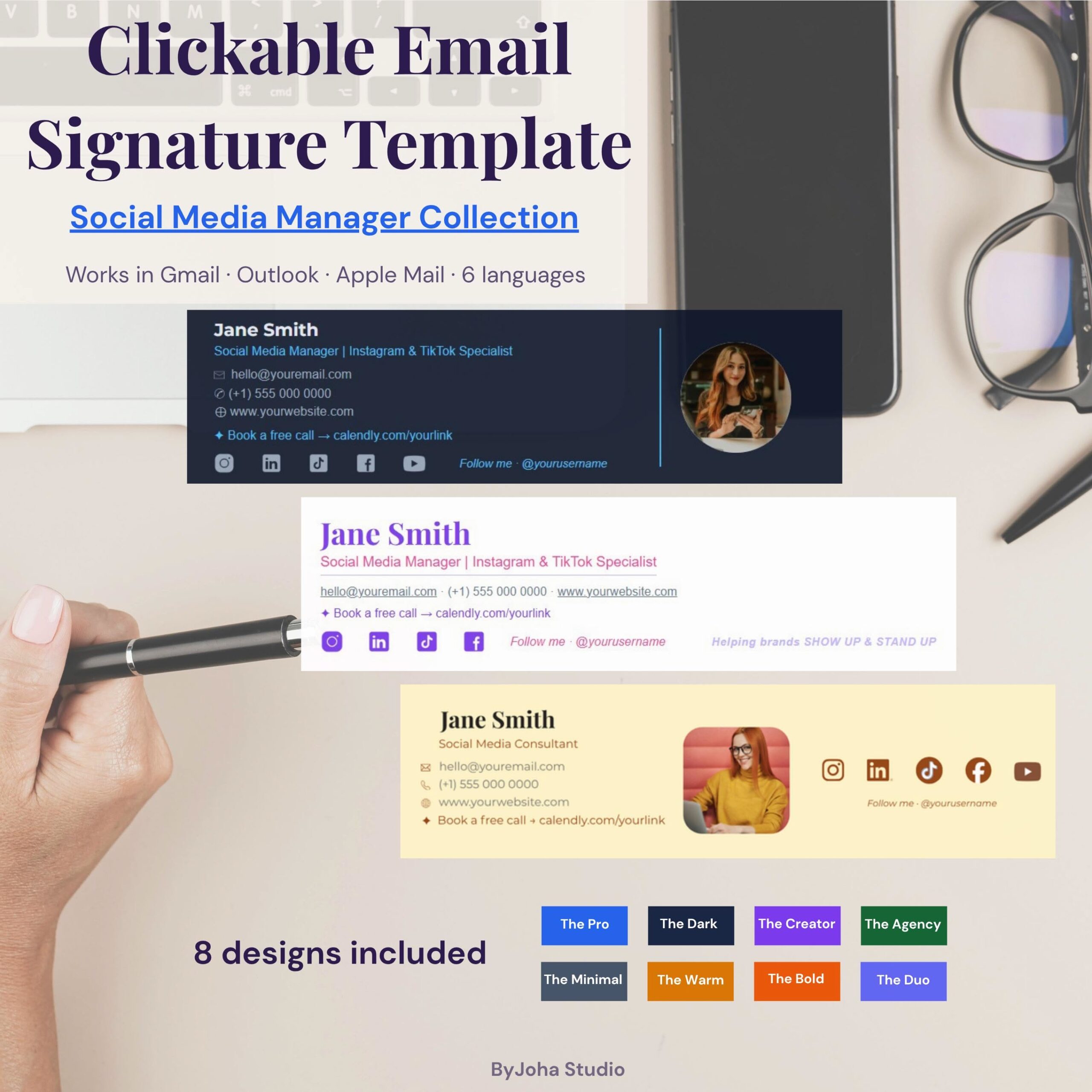 Clickable HTML Email Signature Generator & Template with Photo | Social Media Manager | Gmail Outlook | 8 Designs | Instant Download