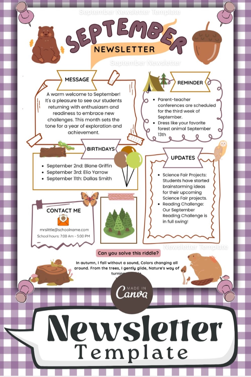 Forest September Newsletter Template, Editable Classroom Newsletter Templates, Monthly Newsletter
