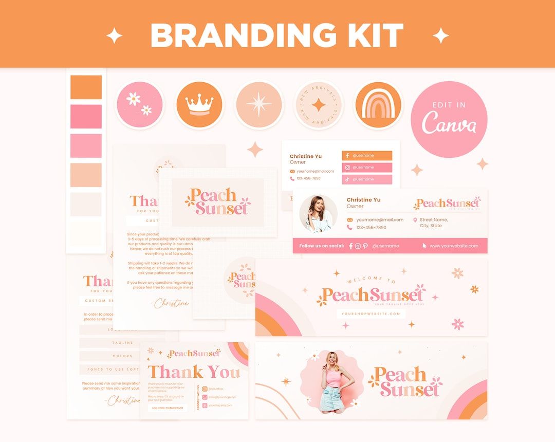Branding Kit Peach Pink Orange Canva Templates Editable Business Cards, Thank You Cards, Facebook Instagram Highlights Youtube Twitter – PSS – Etsy