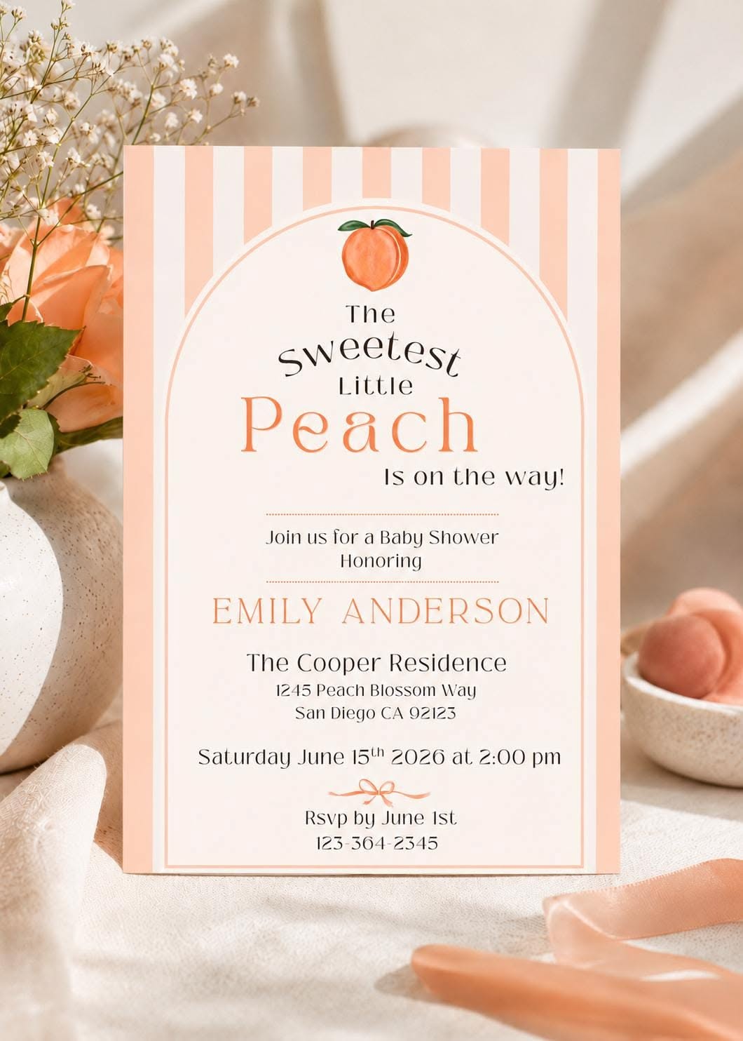 Sweet Peach Baby Shower Invitation Template, Watercolor Girl Invite (Editable Canva)