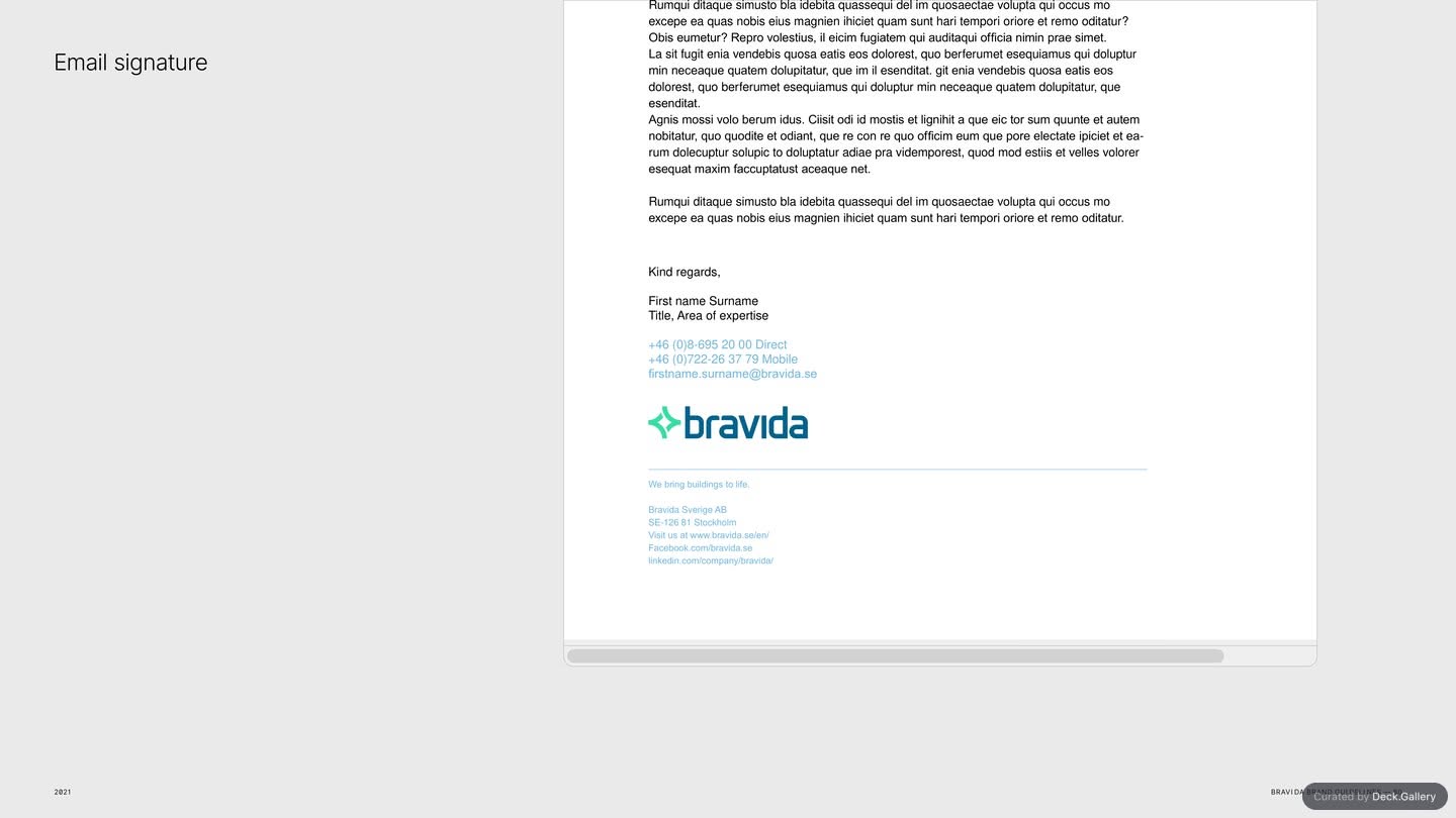 Email signature: standardized contact block — Bravida Brand Guidelines 2021