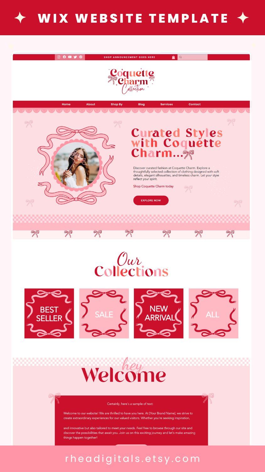 Wix Website Template, Coquette Charm Theme, Retro Wix Shop and Blog Playful Valentine red & pink