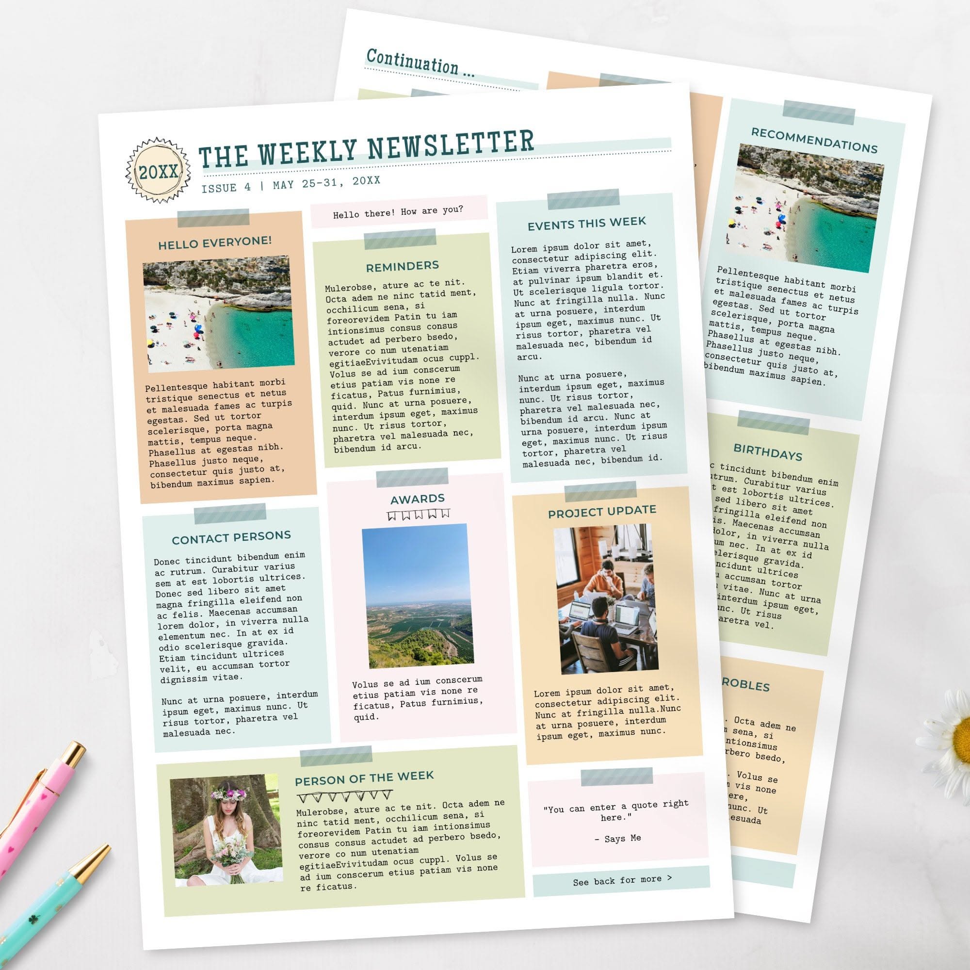 A4 Fun and Bright Newsletter Template Two Pages / Editable Family Reunion