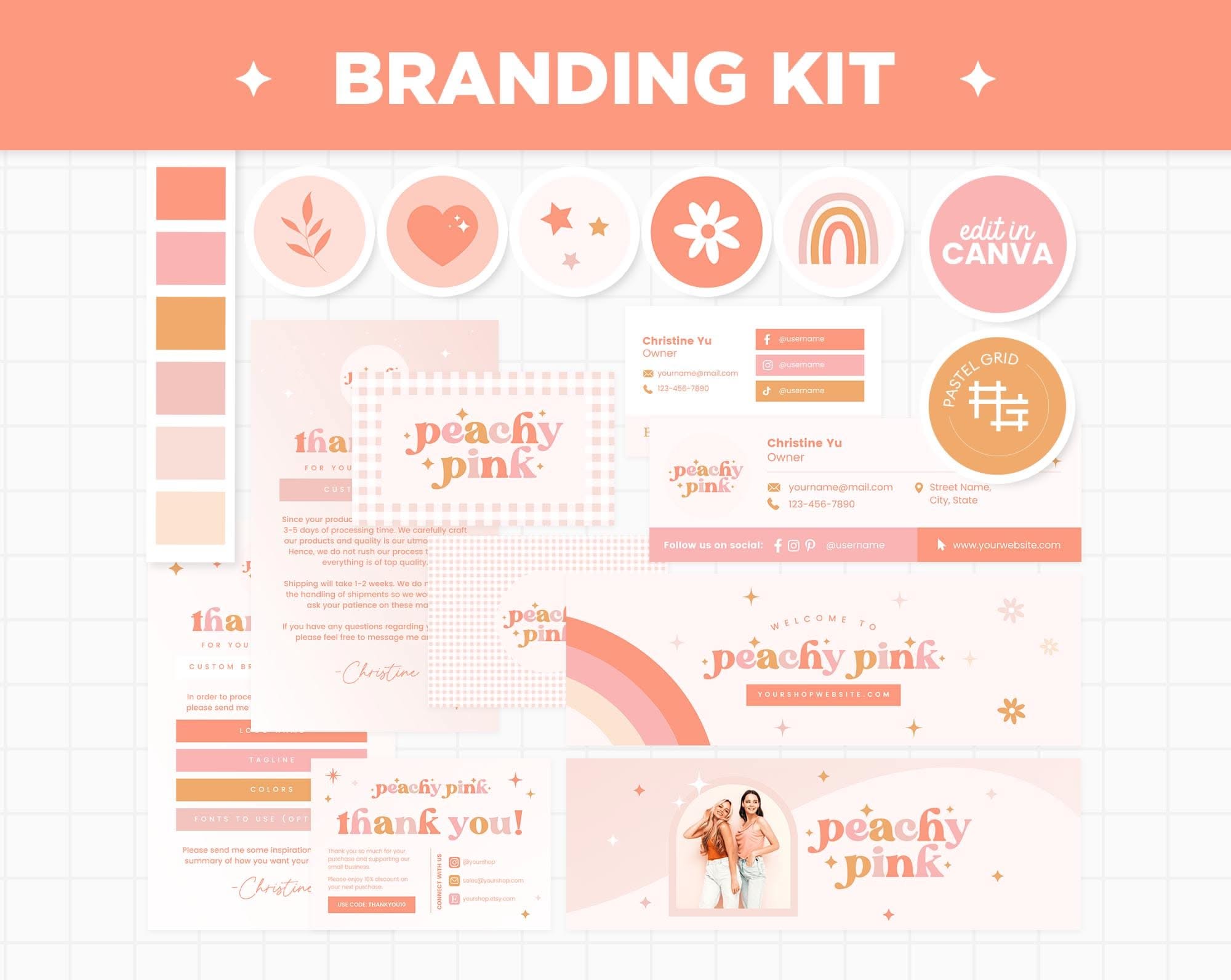 Branding Kit Peach Pink Canva Templates Editable Business Cards, Thank You Cards Facebook Cover Instagram Highlights Youtube Twitter – PCP