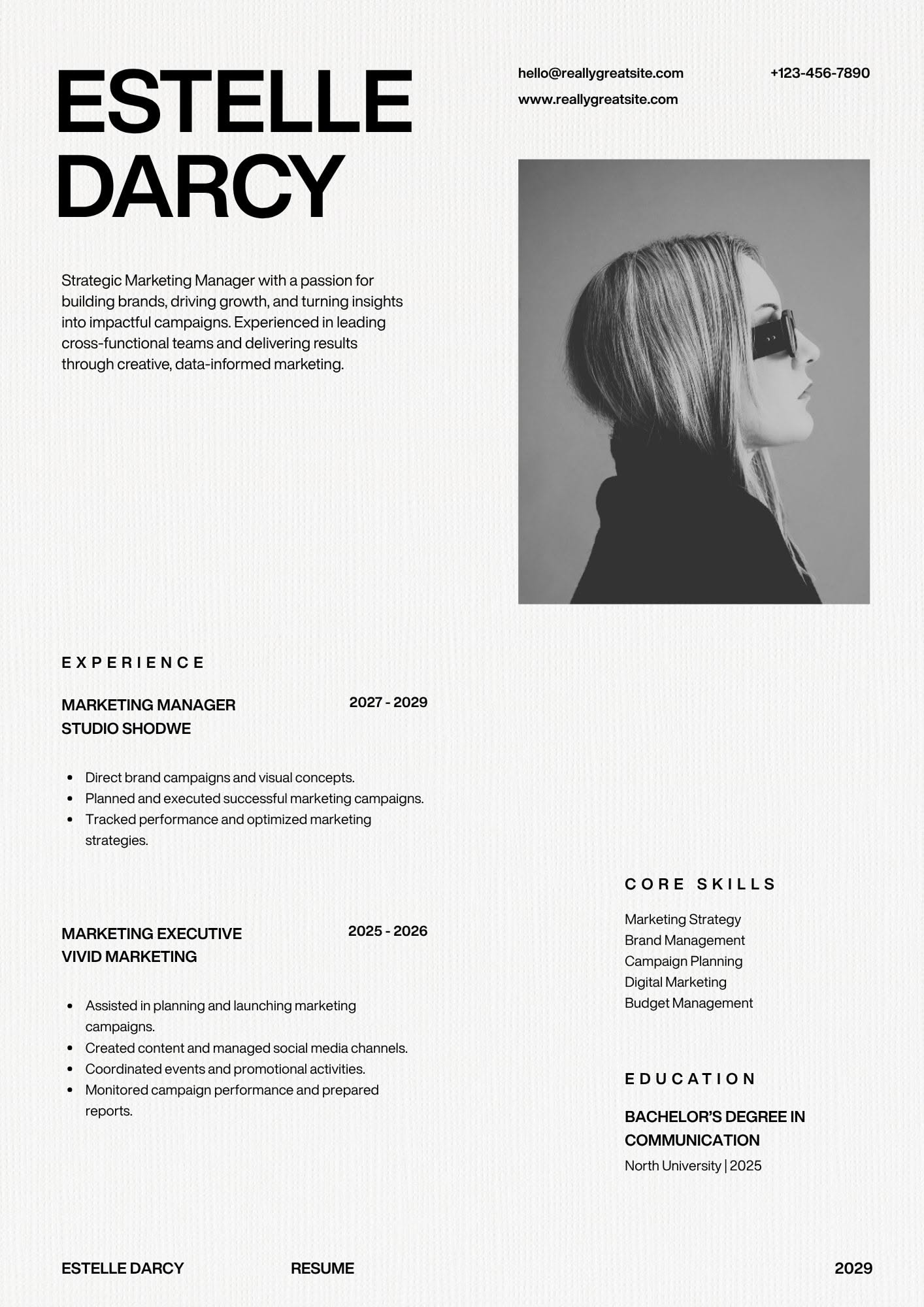 Black and White Minimalist Editorial Marketing Manager Resume