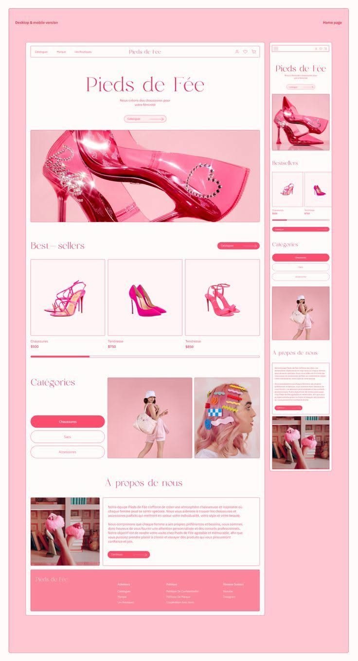 Modern pink feminine shoe shop website branding design