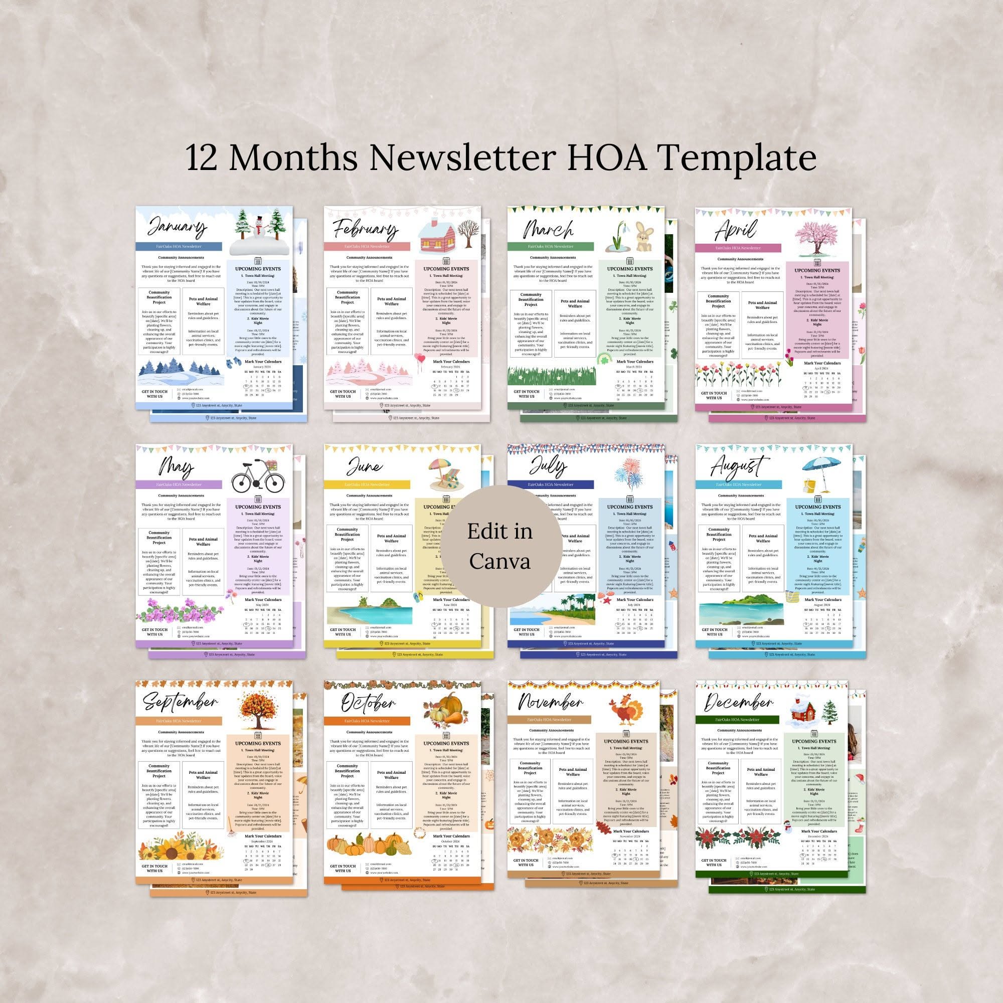 HOA Monthly Newsletter Canva Template, Editable Full Year 2025 Newsletter