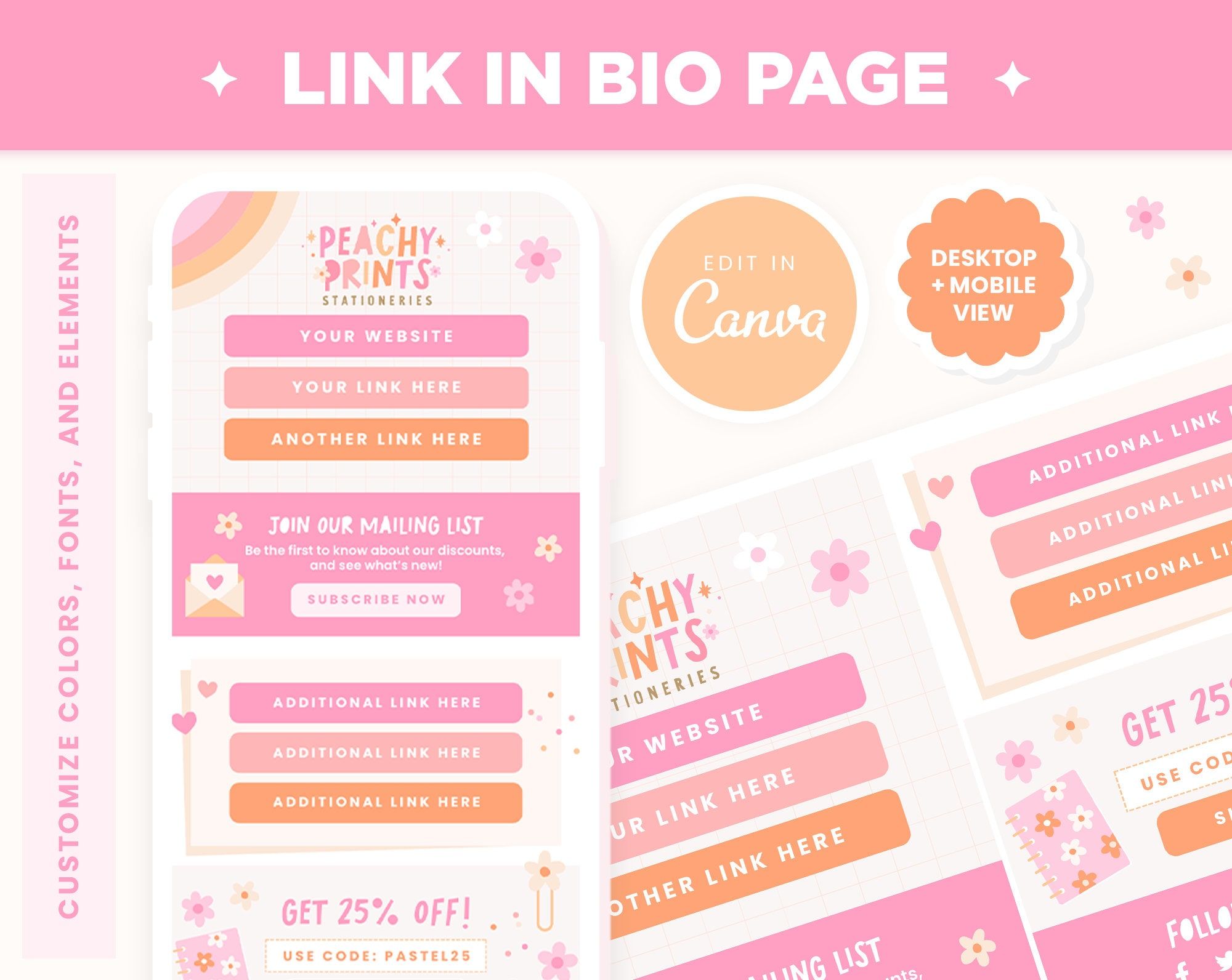 Link in Bio Canva Editable Template  in Peach Pink Orange Colors – Instagram Link Landing Page Colorful Girly Link in Bio Page Design – PPR